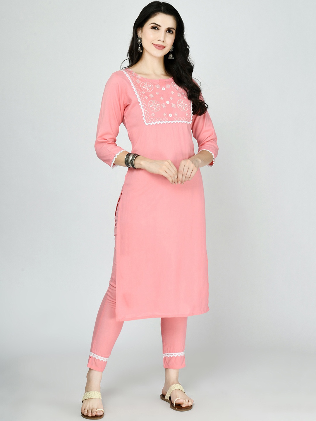 

KALINI Women Peach Yoke Design Kurta With Trousers