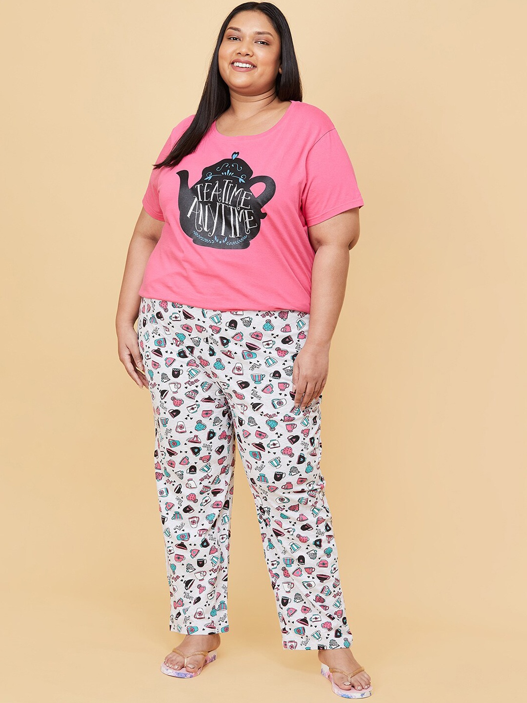 

max Women Plus Size Pink & White Printed Pure Cotton Night suit