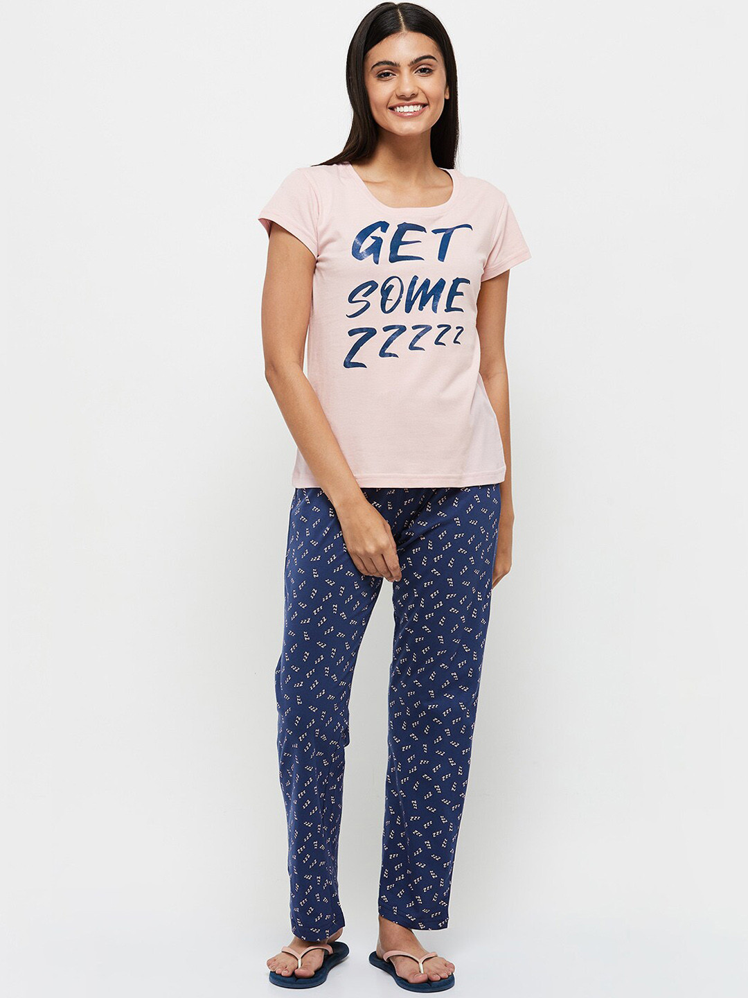 

max Women Pink & Blue Printed Pure Cotton Night suit