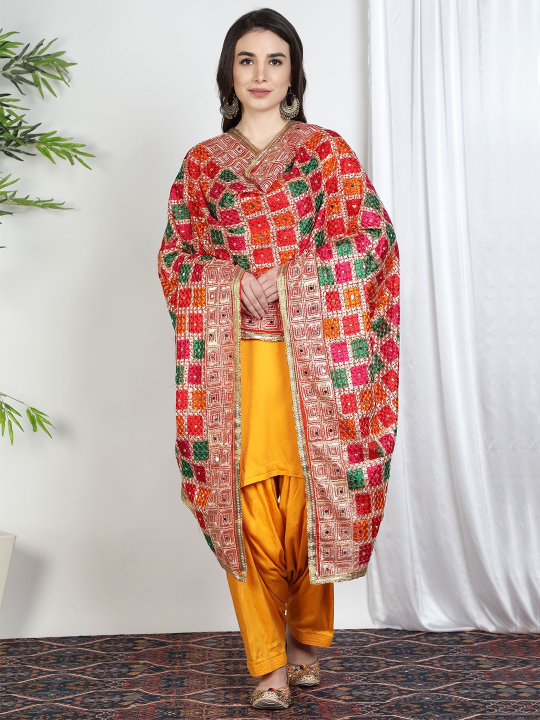 

Moda Chales Red & Green Embroidered Dupatta with Sequinned