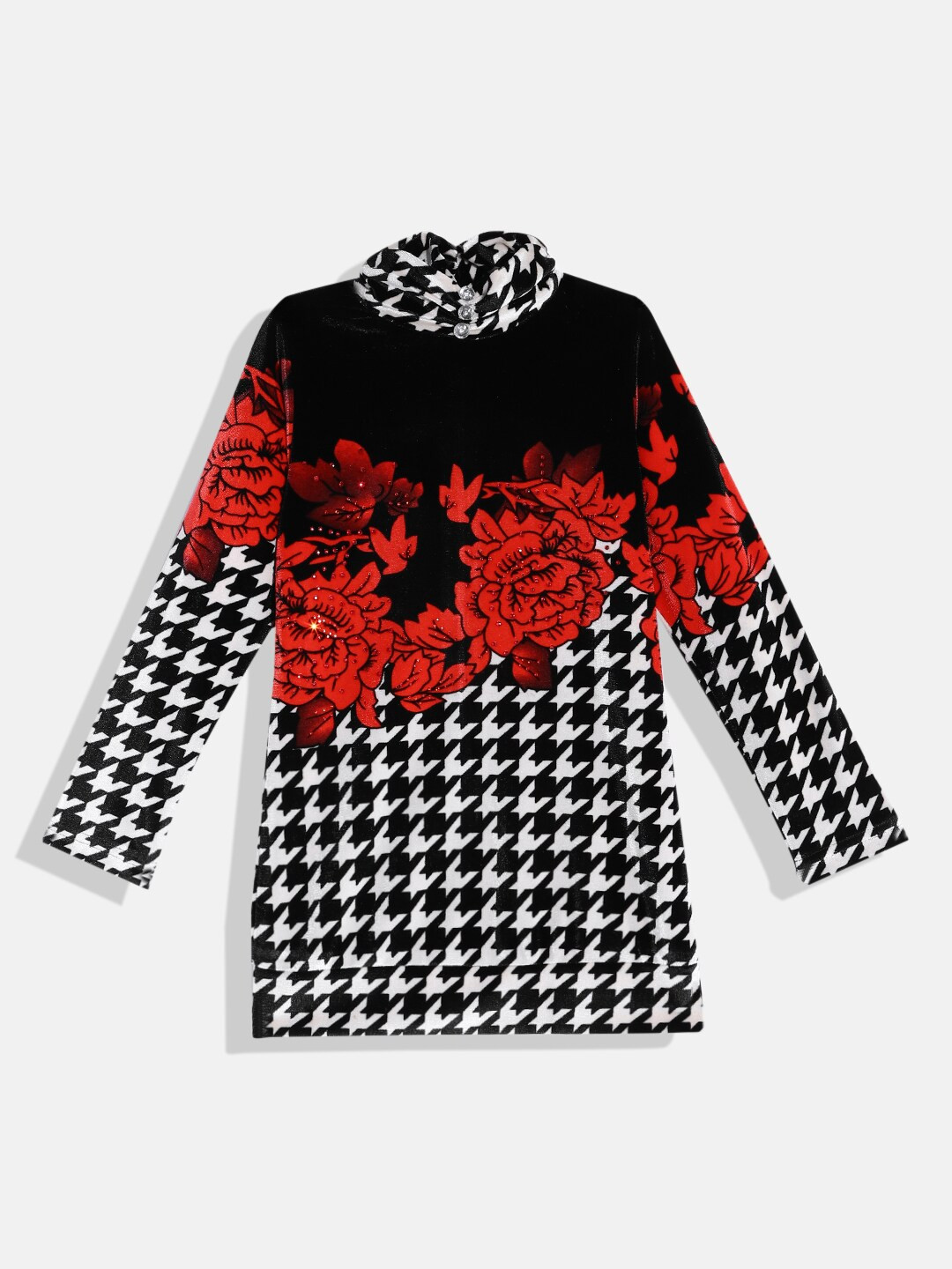 

Tiny Girl Black & Red Pure Cotton Floral Print High Neck Top with Velvet Finish