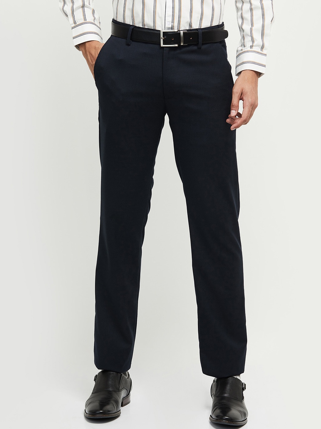 

max Men Navy Blue Solid Cotton Formal Trousers