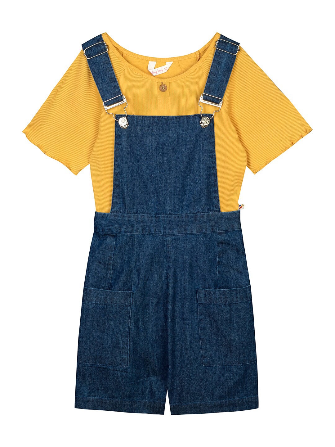 

Budding Bees Girls Yellow & Blue Solid Cotton Top & Dungaree Clothing Set