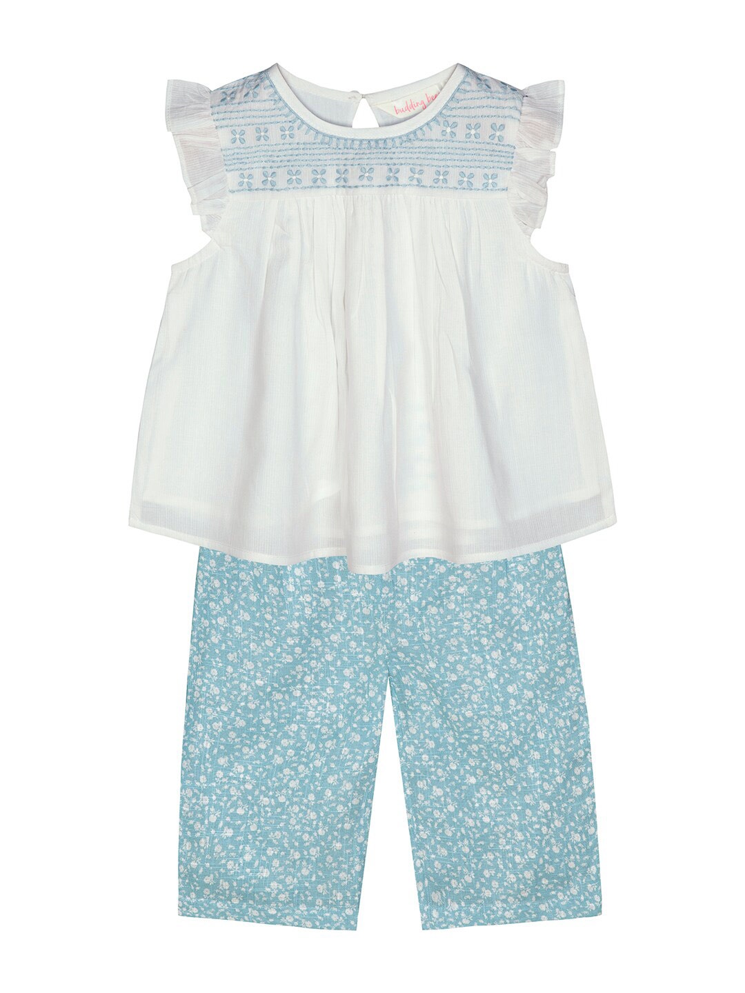 

Budding Bees Girls White & Blue Embroidered Top with Trousers