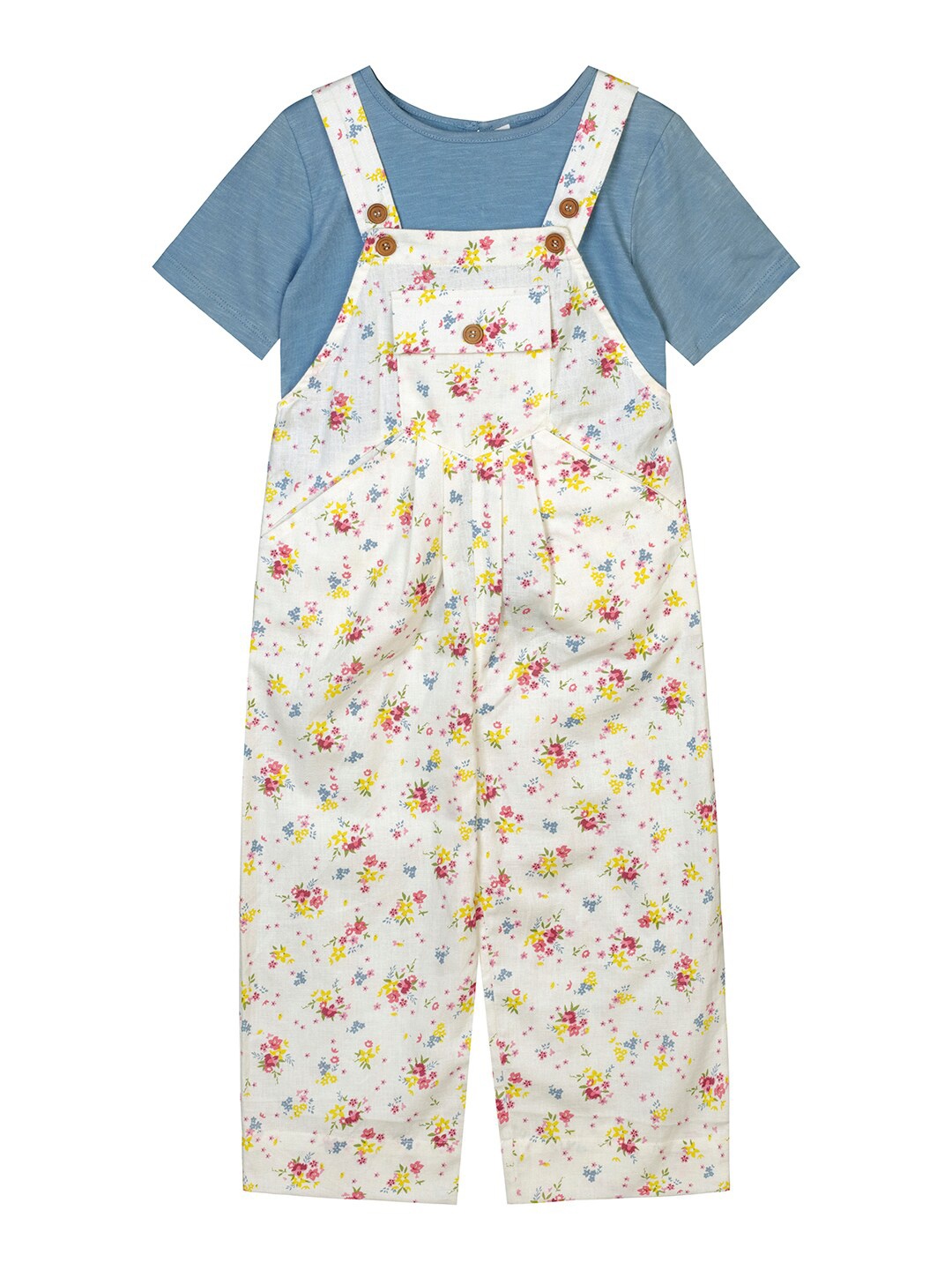 

Budding Bees Girls Blue & Off-White Pure Cotton T-shirt with Dungaree