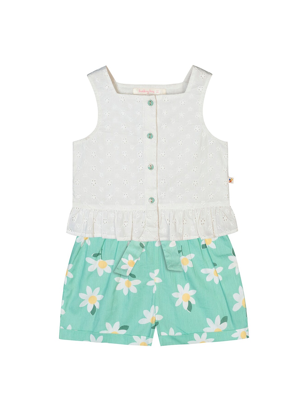 

Budding Bees Girls Green & White Pure Cotton Top with Shorts