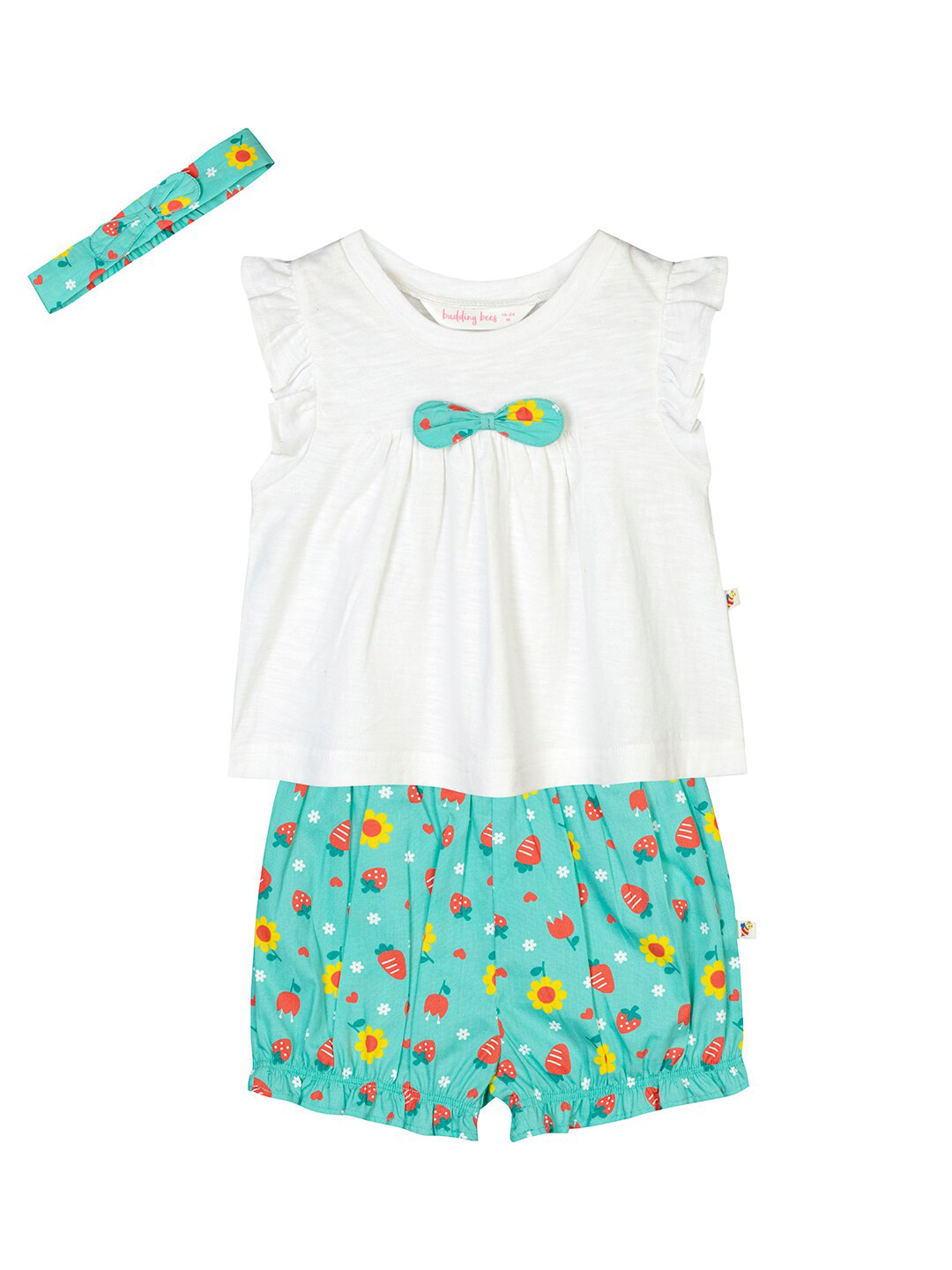 

Budding Bees Girls White & Sea Green Printed Cotton Clothing Set with Hair Band