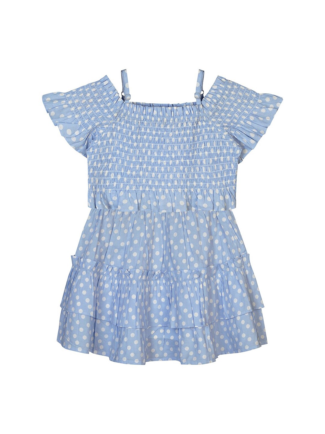 

Budding Bees Girls Blue & White Polka Dots Printed Smocked Top with Skirt