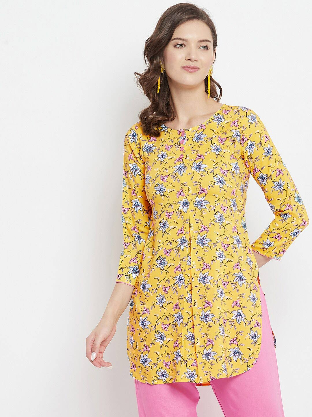 

Tissu Yellow & Pink Floral Printed Kurti