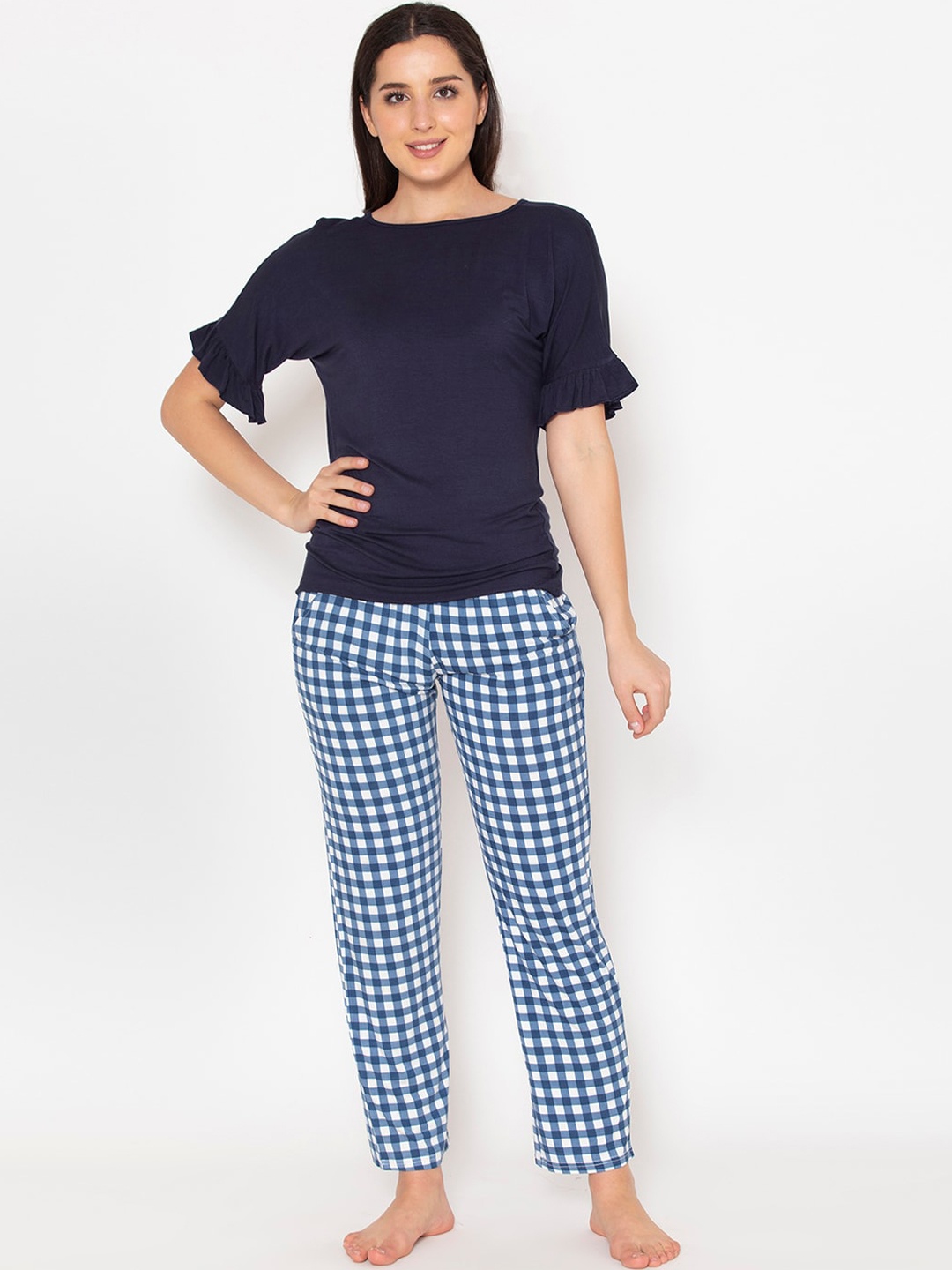 

Clovia Women Navy Blue & White Checked Cotton Night suit