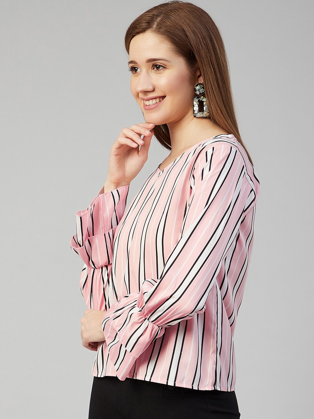 

CHIMPAAANZEE Pink & White Striped V Neck Bell Sleeves Regular Top