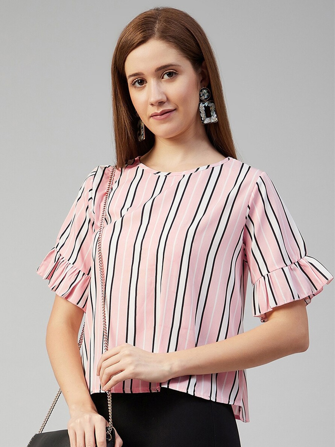 

CHIMPAAANZEE Pink & White Striped Ruffled Sleeves Top