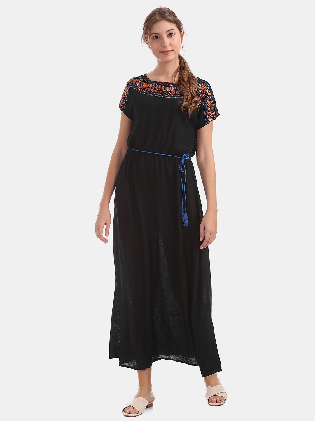 

Bronz Black A-Line Embroidered Maxi Dress