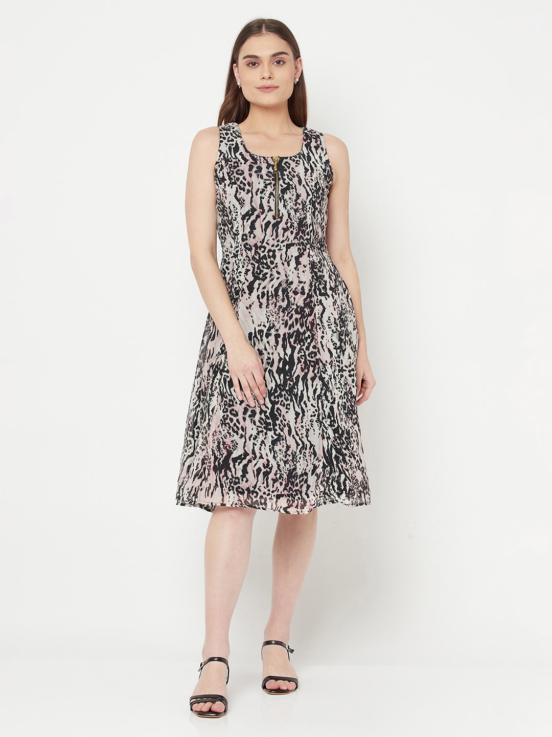 

RAASSIO Beige & Black Animal Printed Crepe Dress