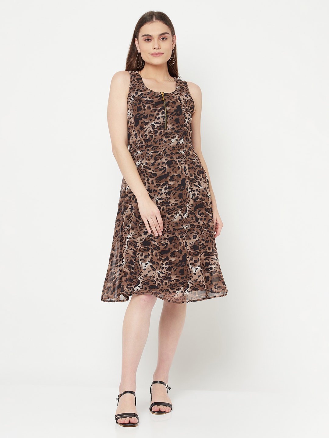 

RAASSIO Brown & Black Animal Crepe A-Line Dress