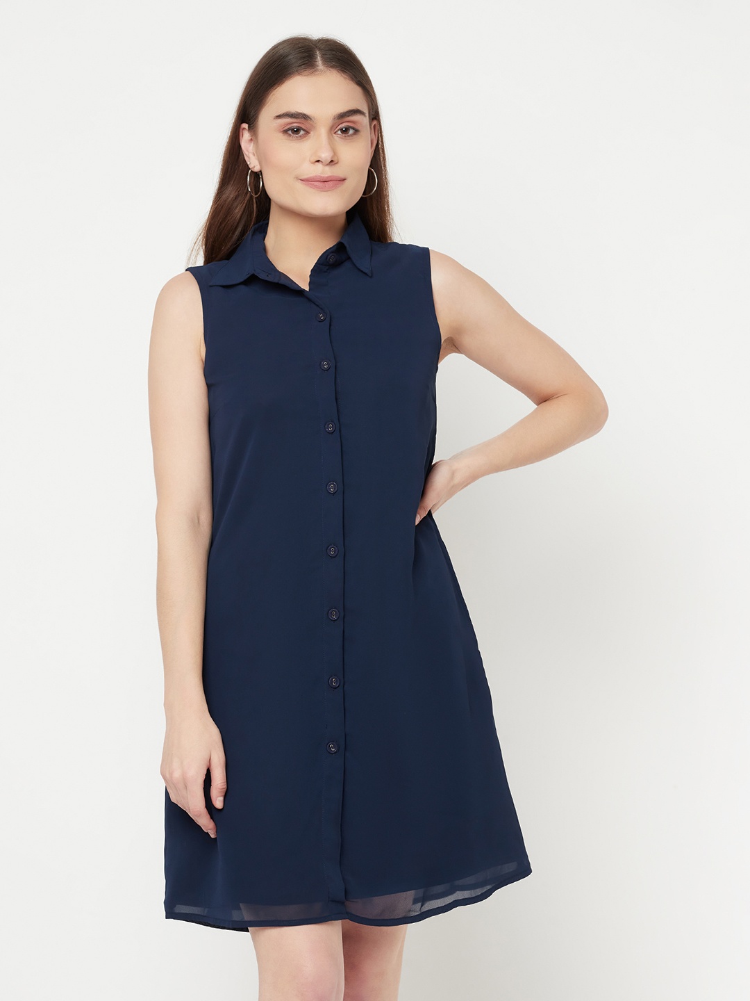 

RAASSIO Women Blue Georgette Shirt Dress