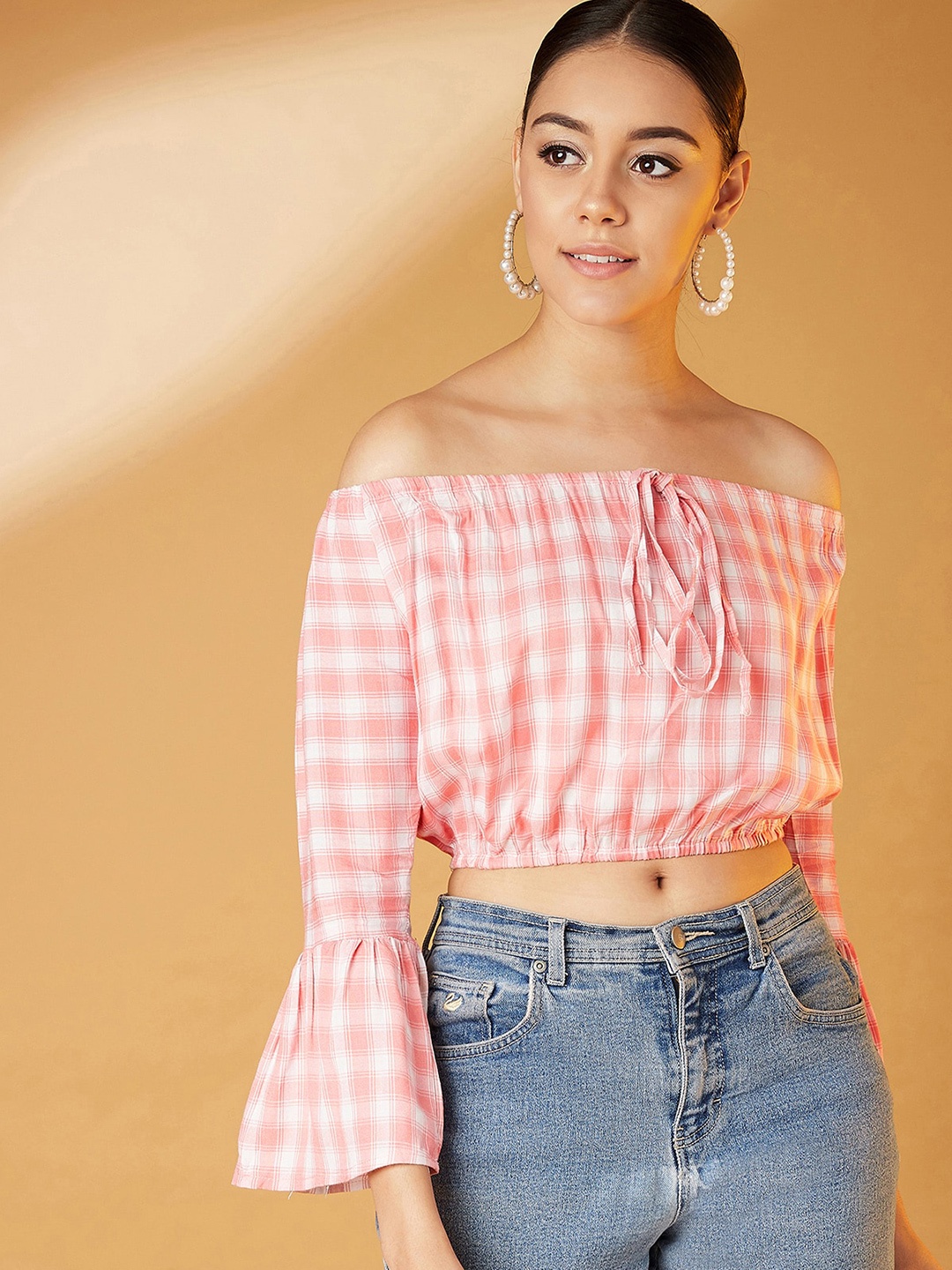 

CHIMPAAANZEE Pink & White Checked Off-Shoulder Bardot Crop Top