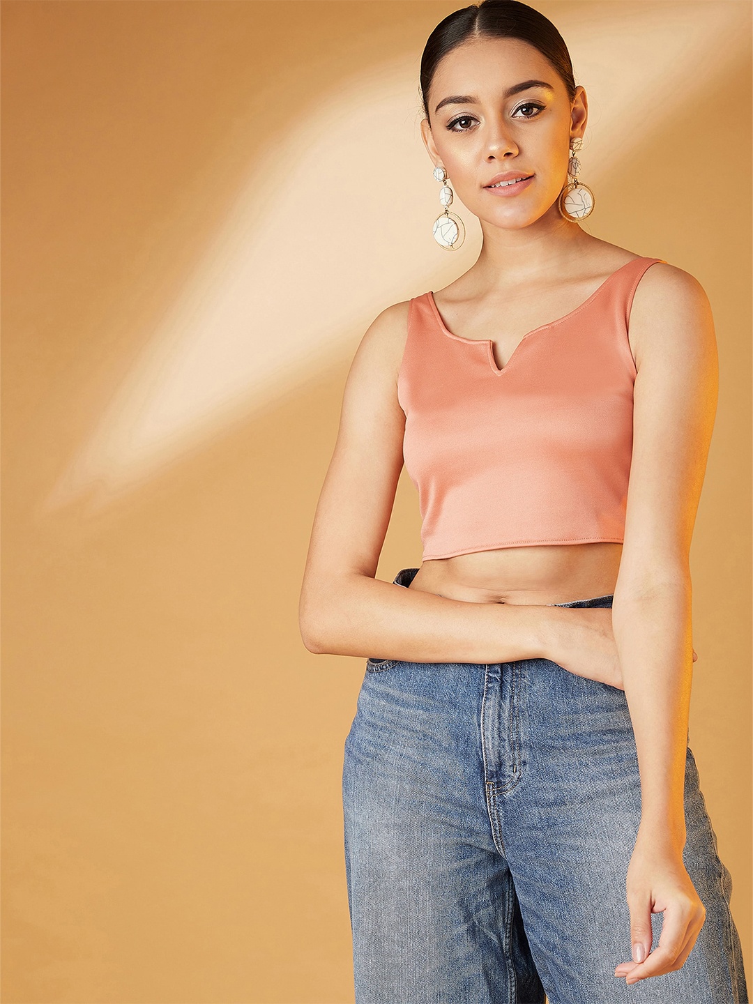 

CHIMPAAANZEE Women Peach-Coloured Solid Crop Top