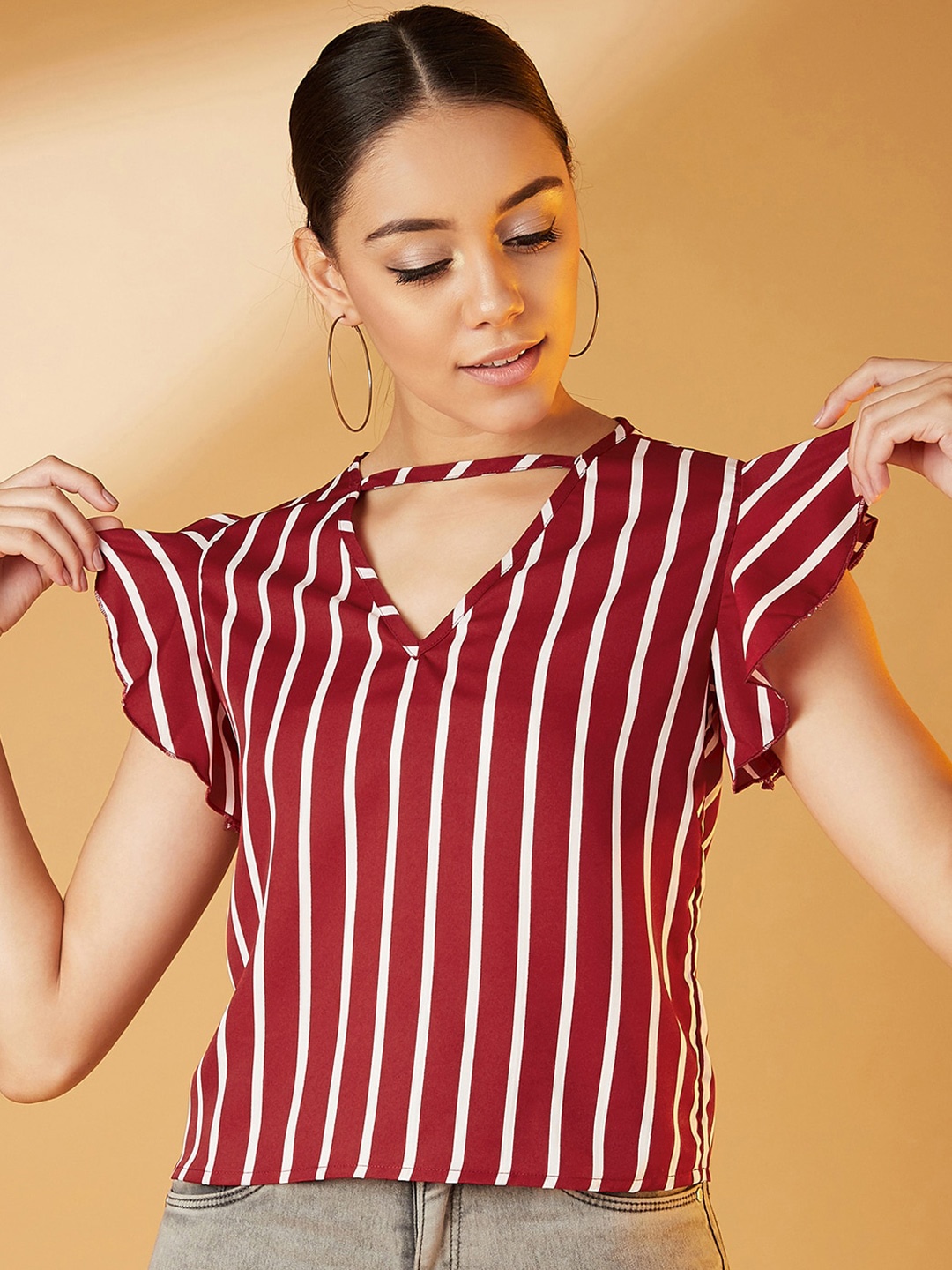 

CHIMPAAANZEE Maroon & White Striped Choker Neck Top