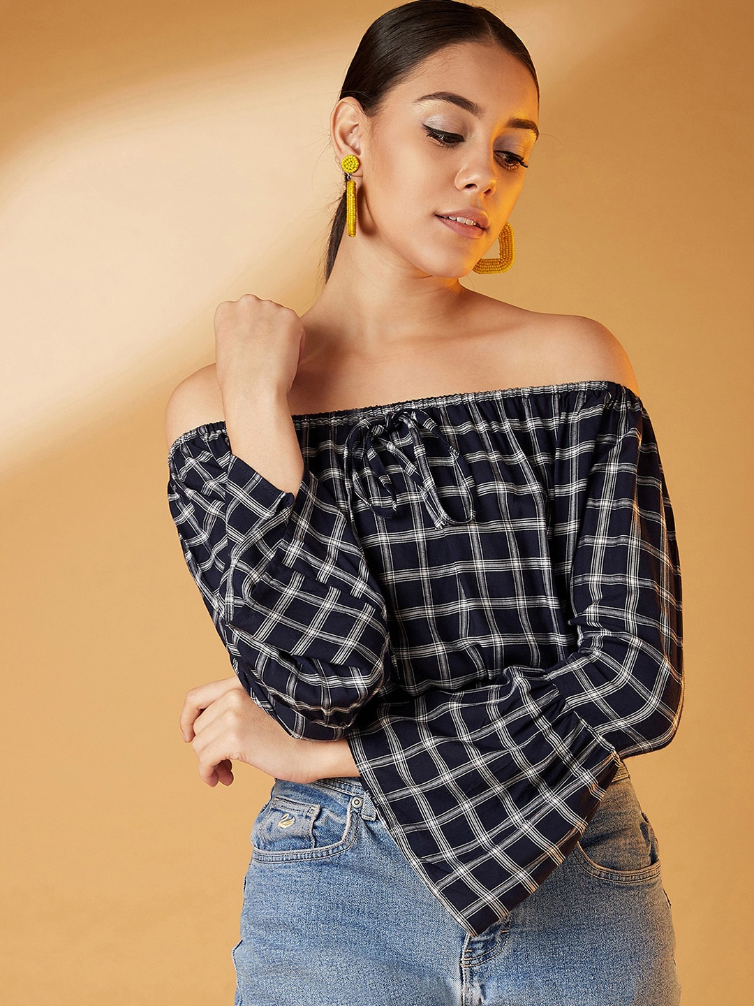 

CHIMPAAANZEE Navy Blue Checked Off-Shoulder Bardot Crop Top