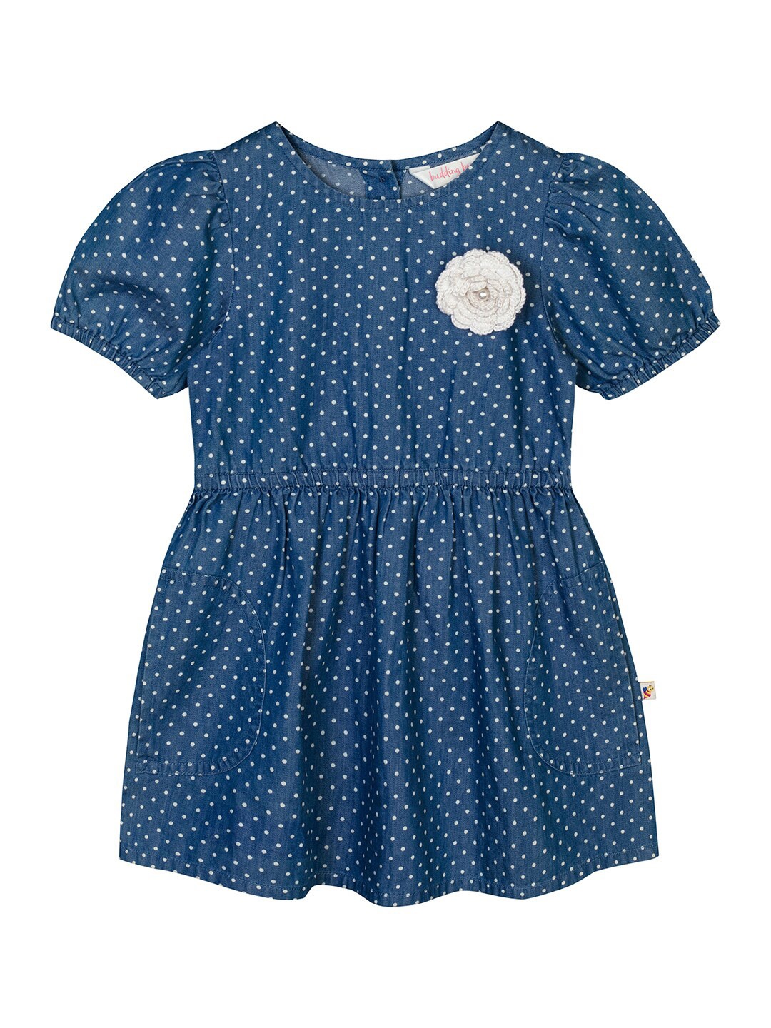 

Budding Bees Girls Blue Polka Dot Printed Cotton Denim Dress