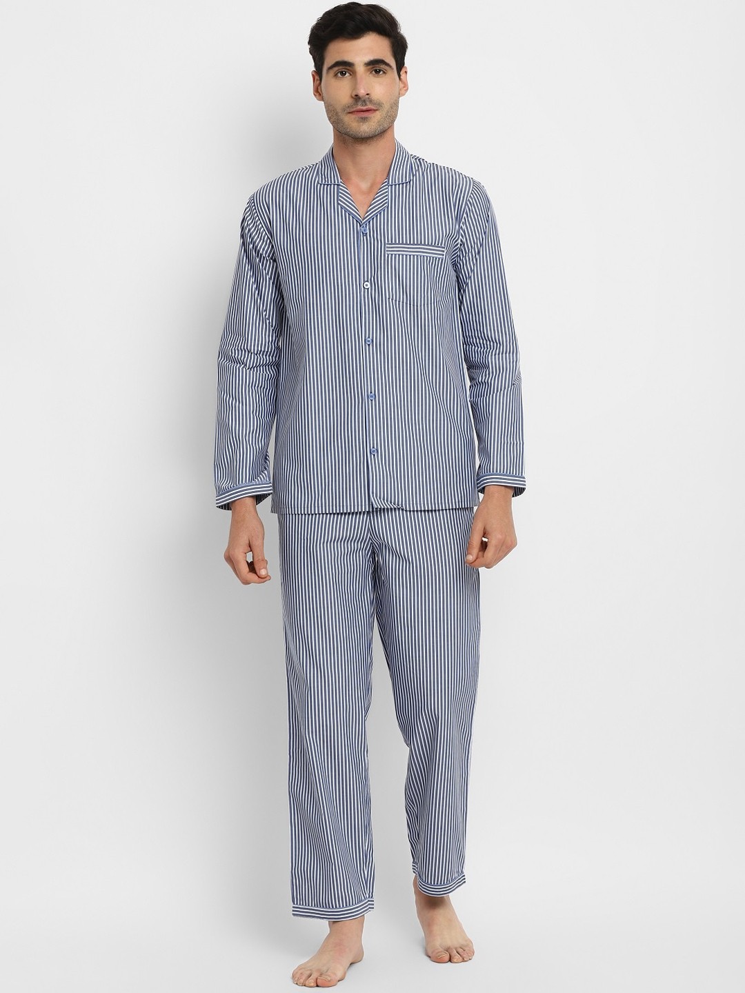 

shopbloom Men Blue & White Striped Pure Cotton Night Suit