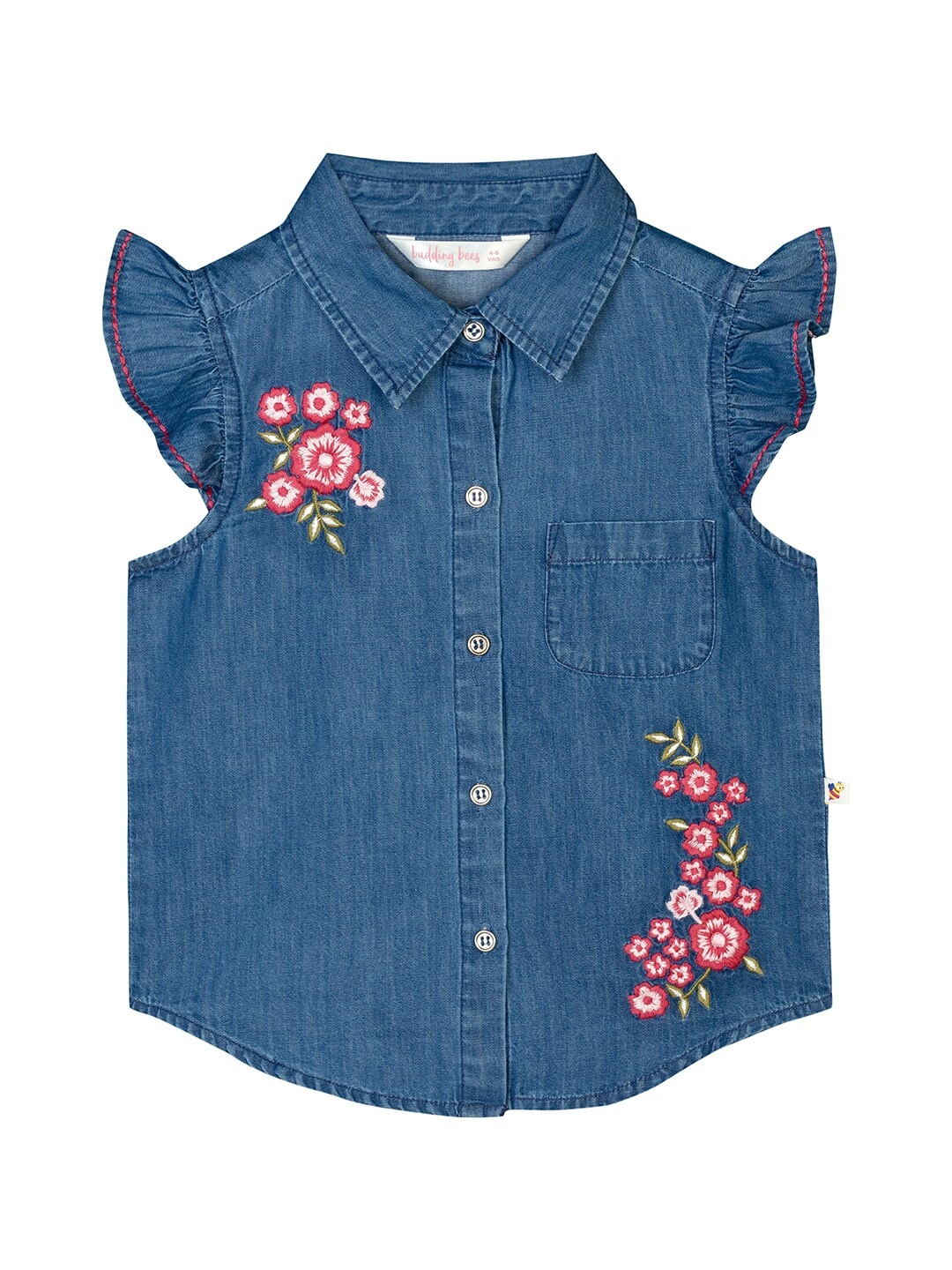 

Budding Bees Girls Blue Floral Embroidered Denim Shirt Style Top