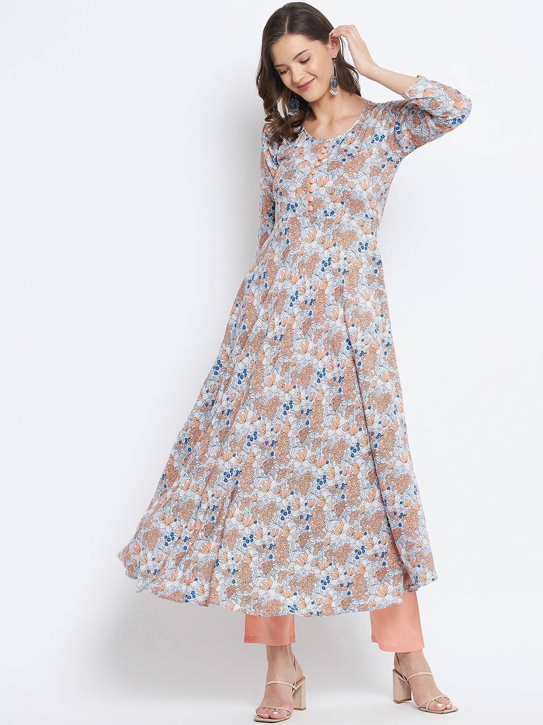 

Tissu Women Blue & Peach-Coloured Floral Printed Anarkali Kurta
