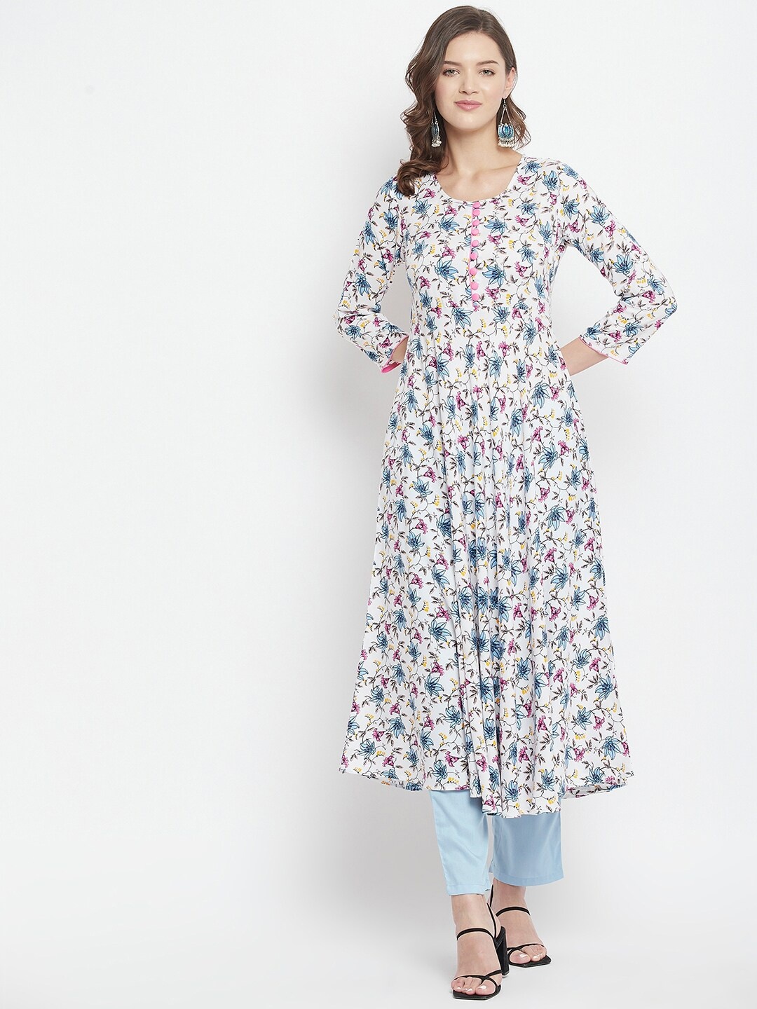 

Tissu Women White & Pink Floral Printed A-line Kurta