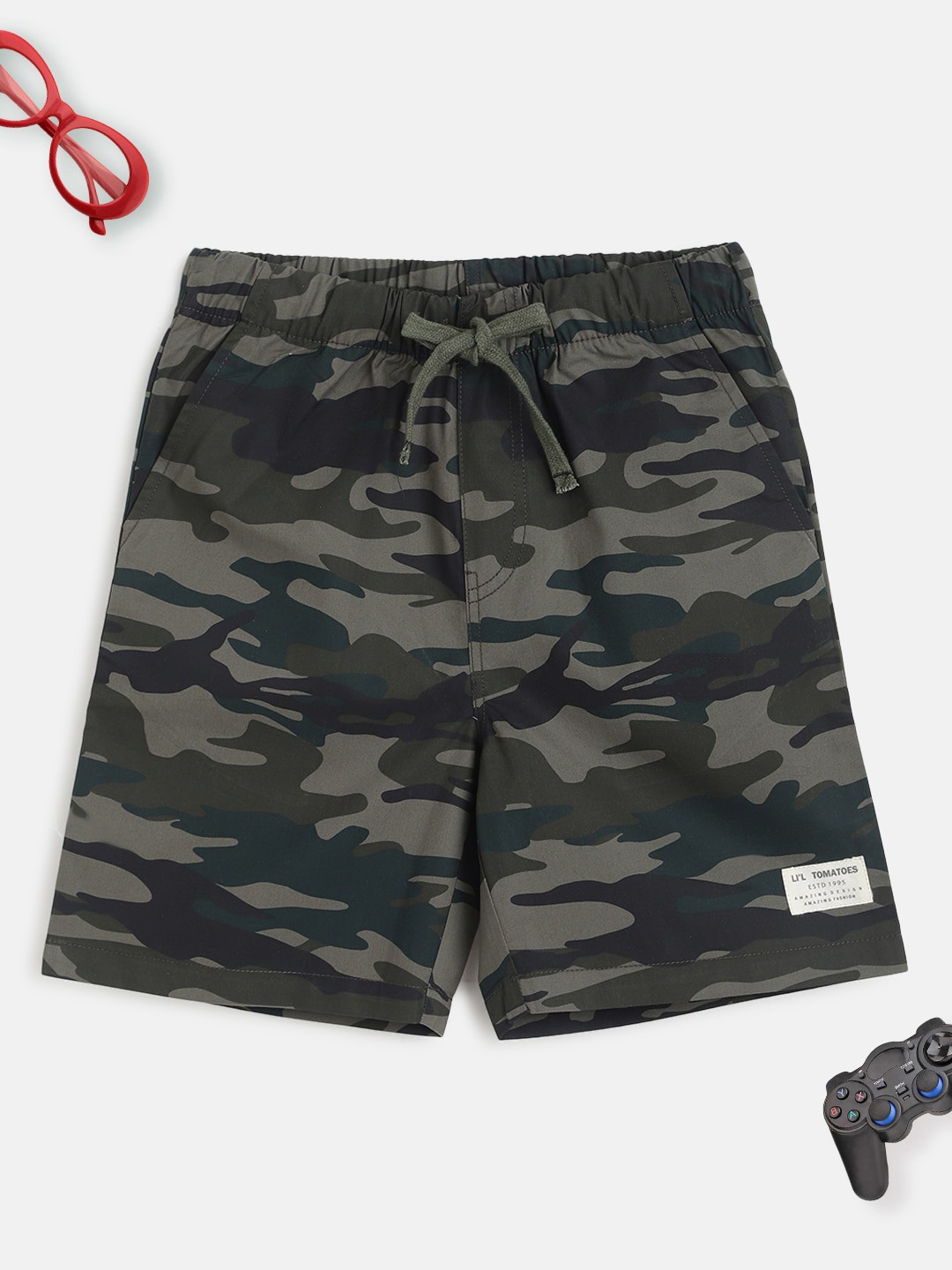 

Lil Tomatoes Boys Olive Green Camouflage Printed Outdoor Shorts