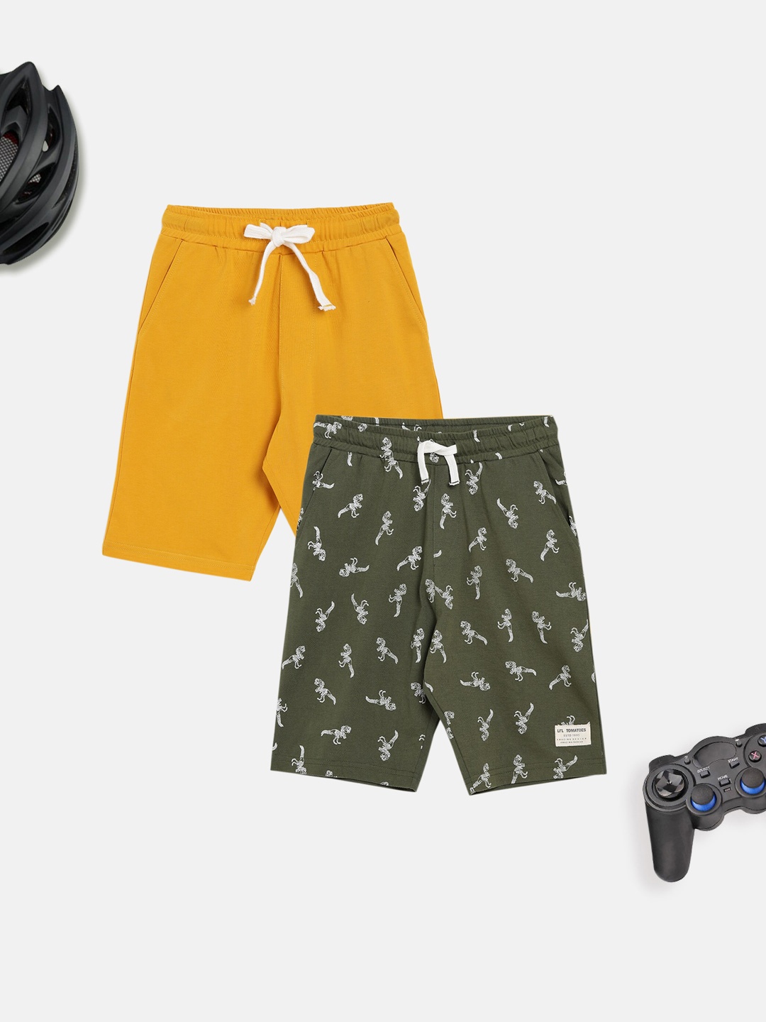 

Lil Tomatoes Boys Mustard & Olive Green Set Of 2 Floral Printed Outdoor Shorts