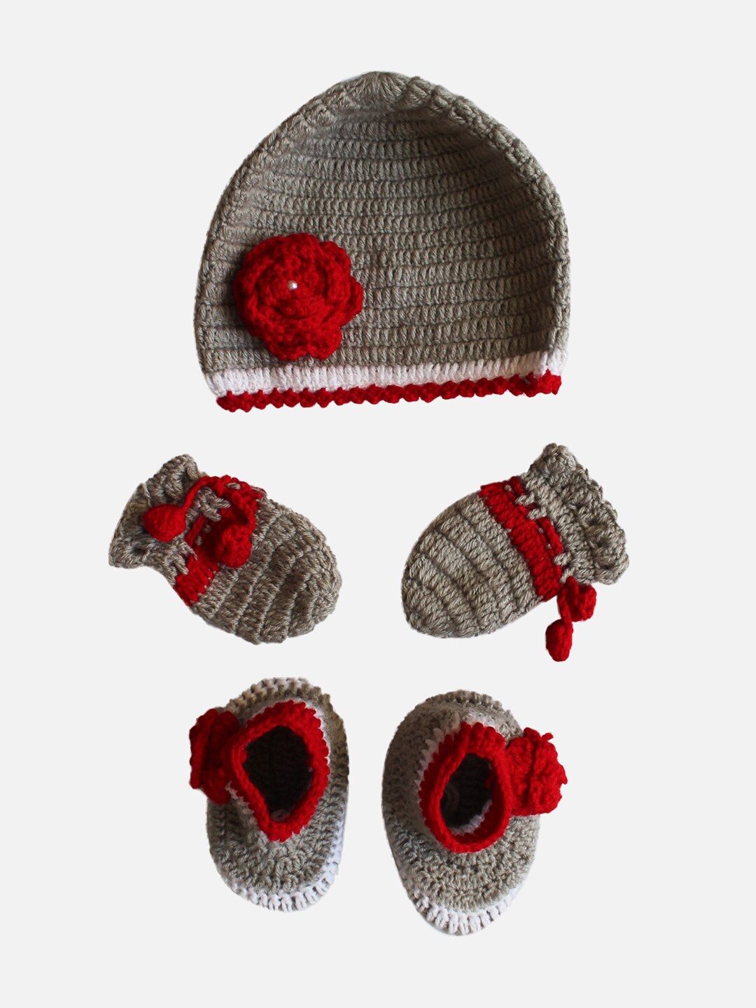 

Woonie Unisex Kids Grey & Red Beanie with Booties Set