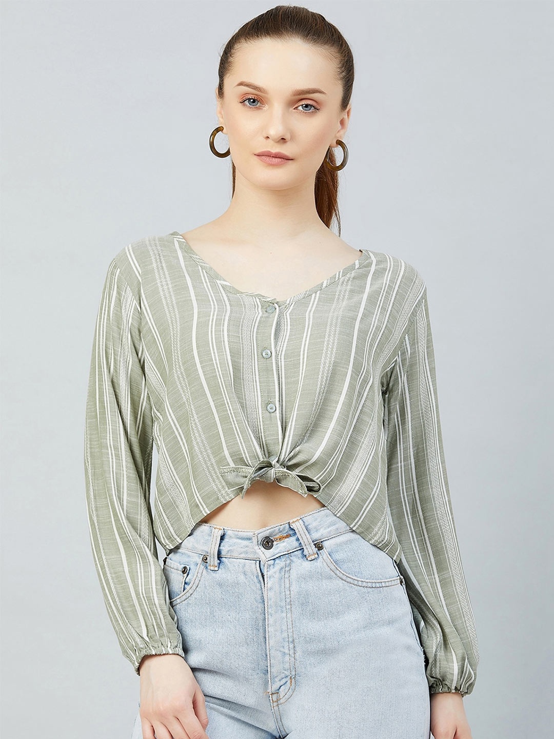 

CHIMPAAANZEE Women Green Striped Crop Top