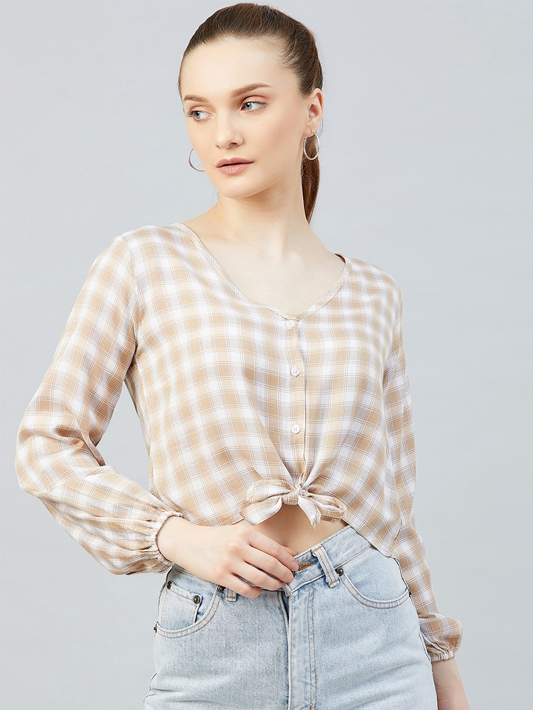 

CHIMPAAANZEE Women Beige Checked Crop Top