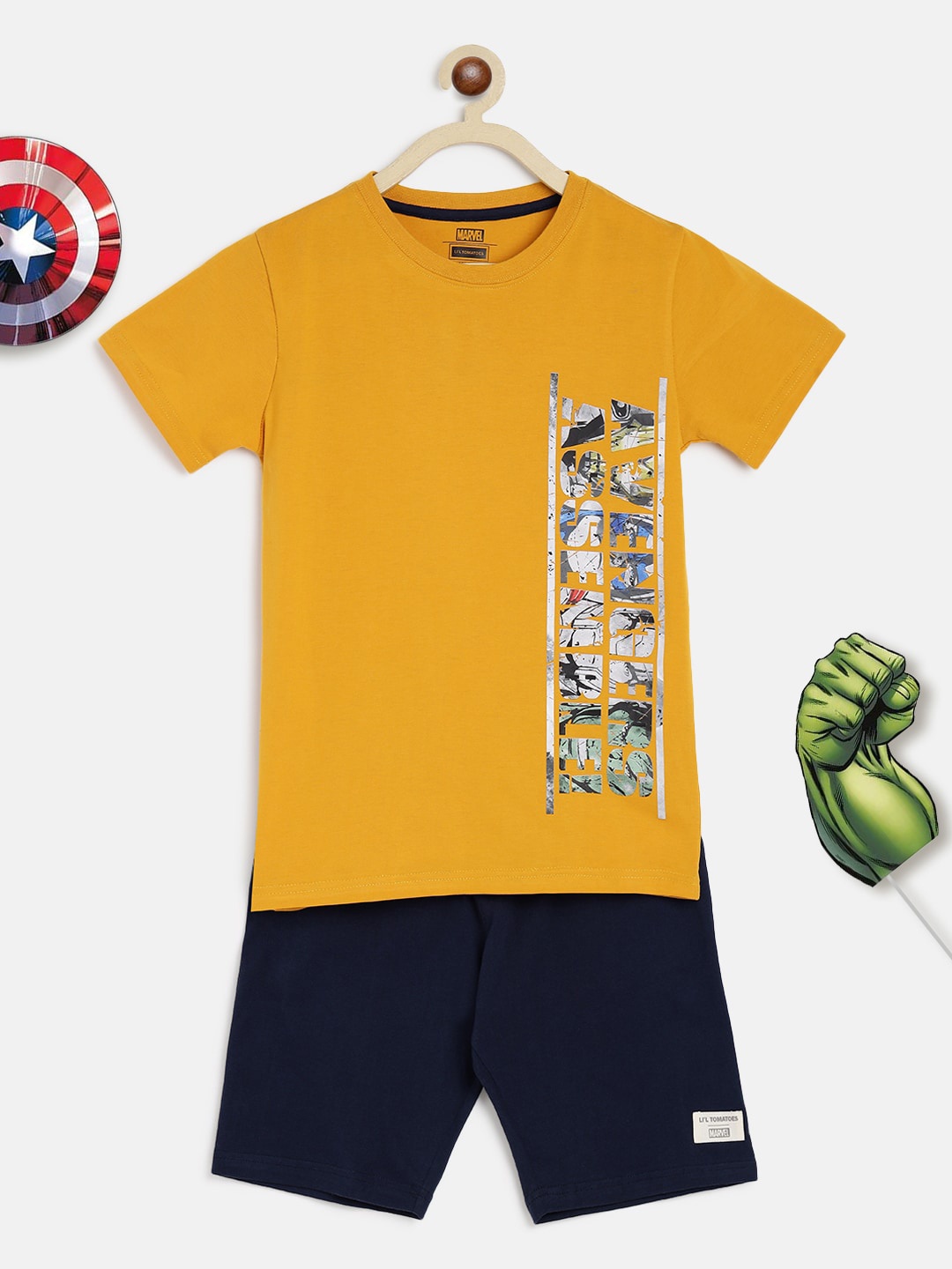 

Lil Tomatoes Boys Mustard & Navy Blue Printed Cotton Blend Night suit