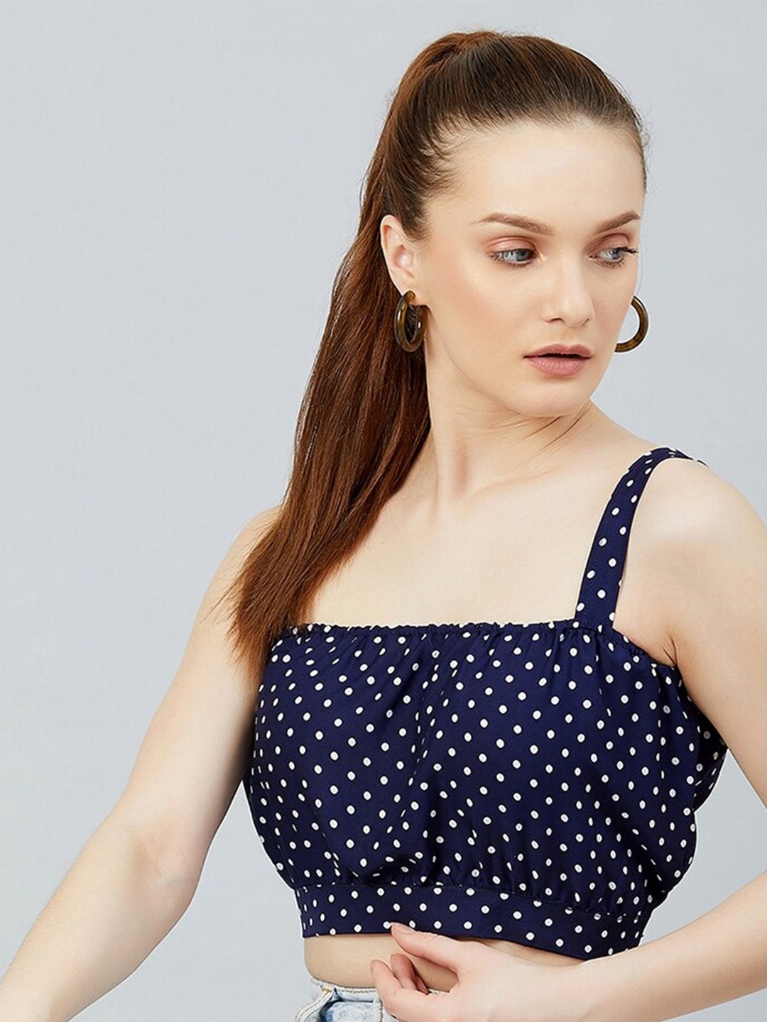 

CHIMPAAANZEE Navy Blue & White Print Blouson Crop Top