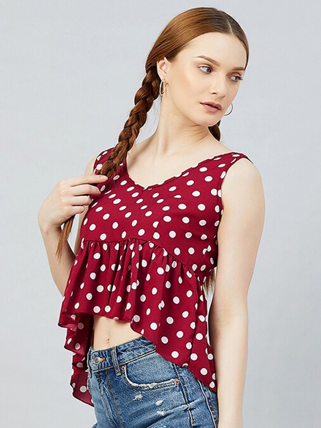 

CHIMPAAANZEE Women Maroon Polka Dot Print Peplum Crop Top