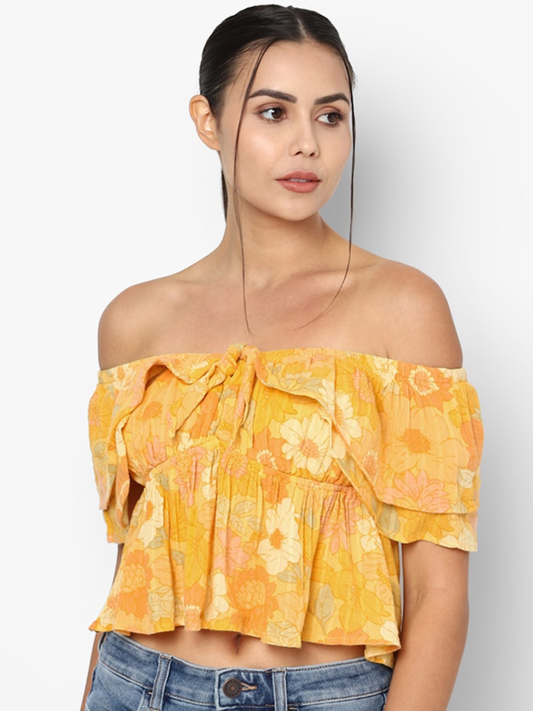 

AMERICAN EAGLE OUTFITTERS Yellow Floral Print Off-Shoulder Bardot Crop Top