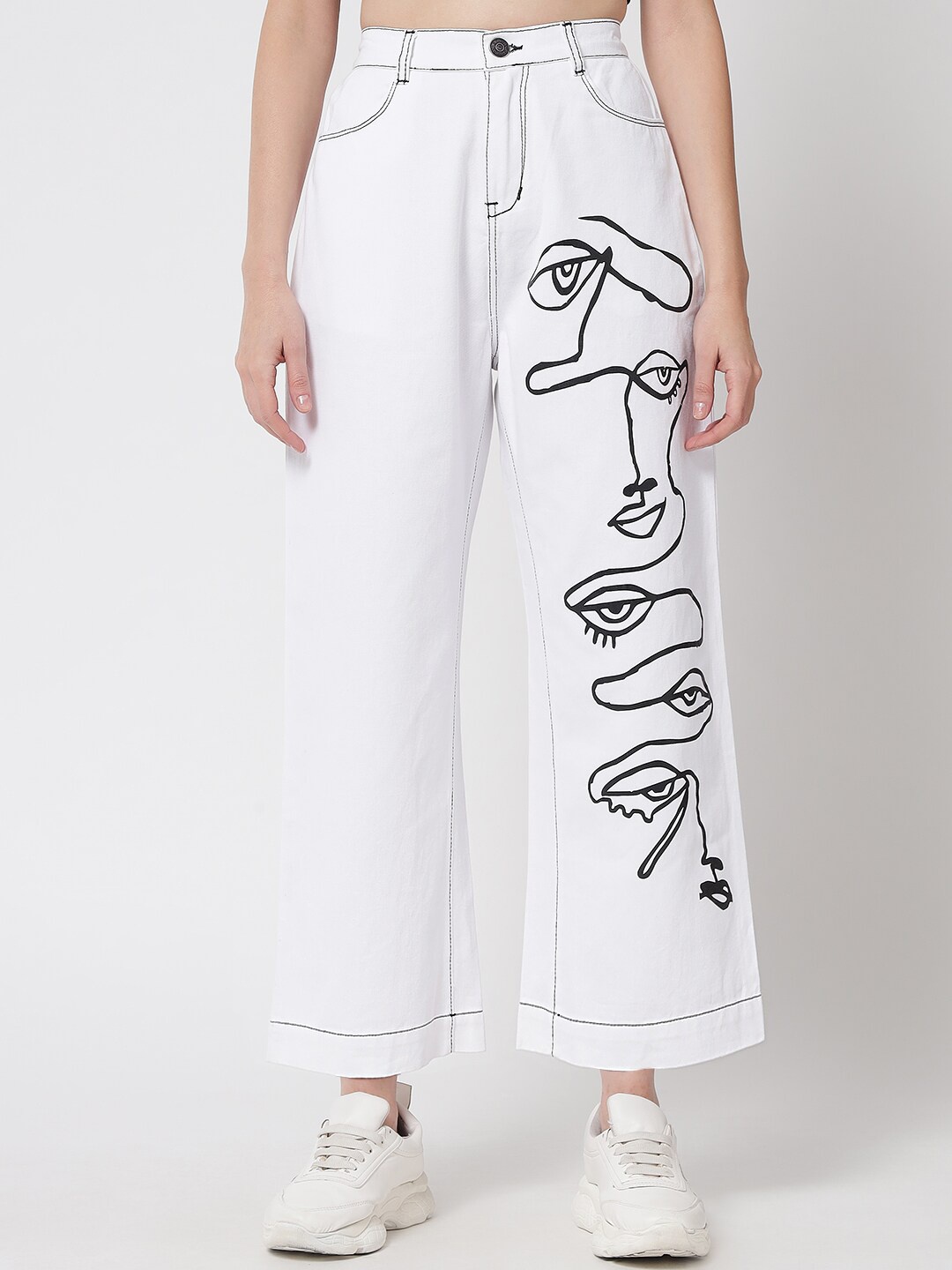 

River Of Design Jeans Women White Wide Leg High-Rise Printed Cotton Jeans
