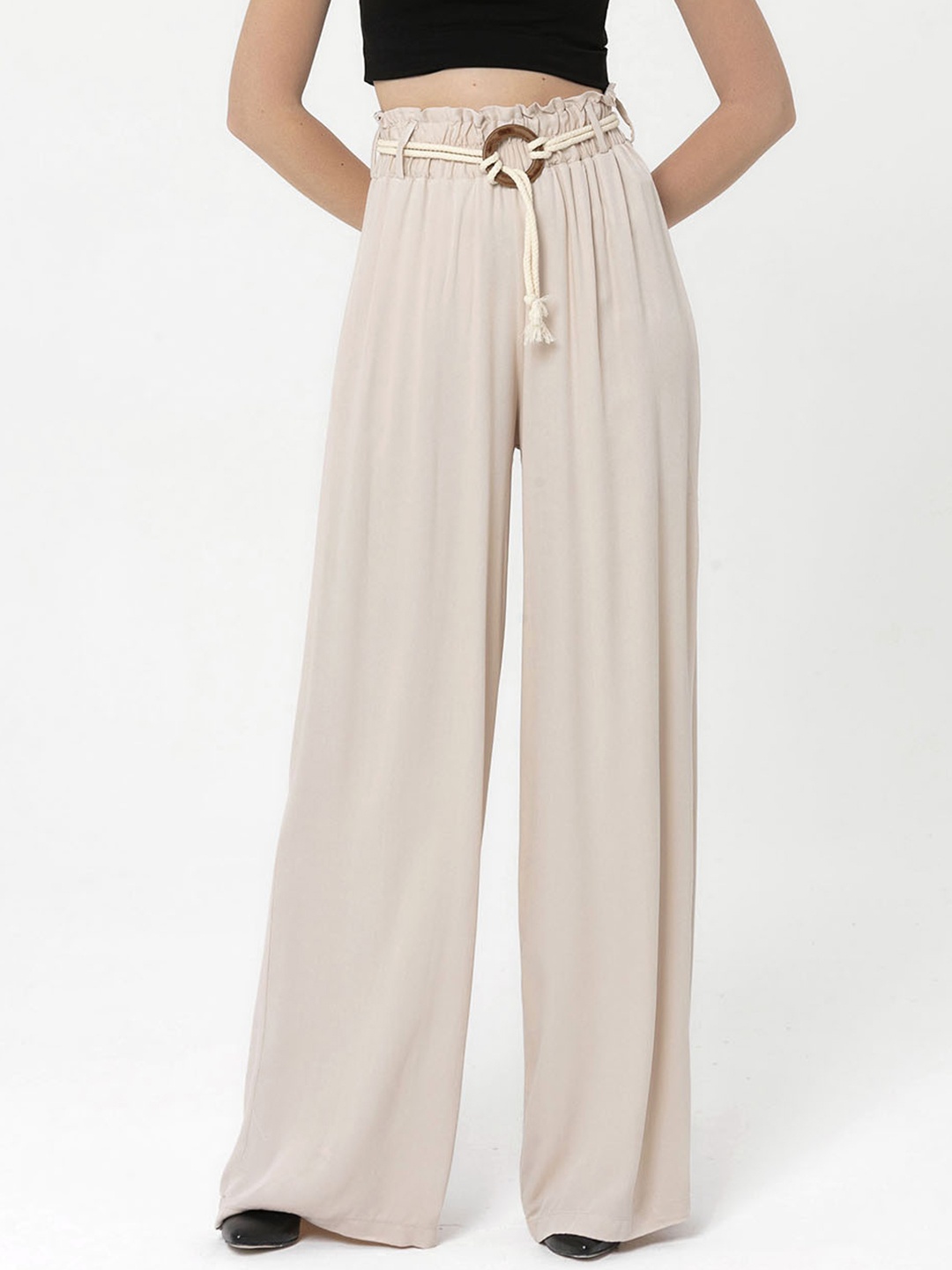 

Miss Poem Women Beige Pleated High-Rise Rope Tied Trousers