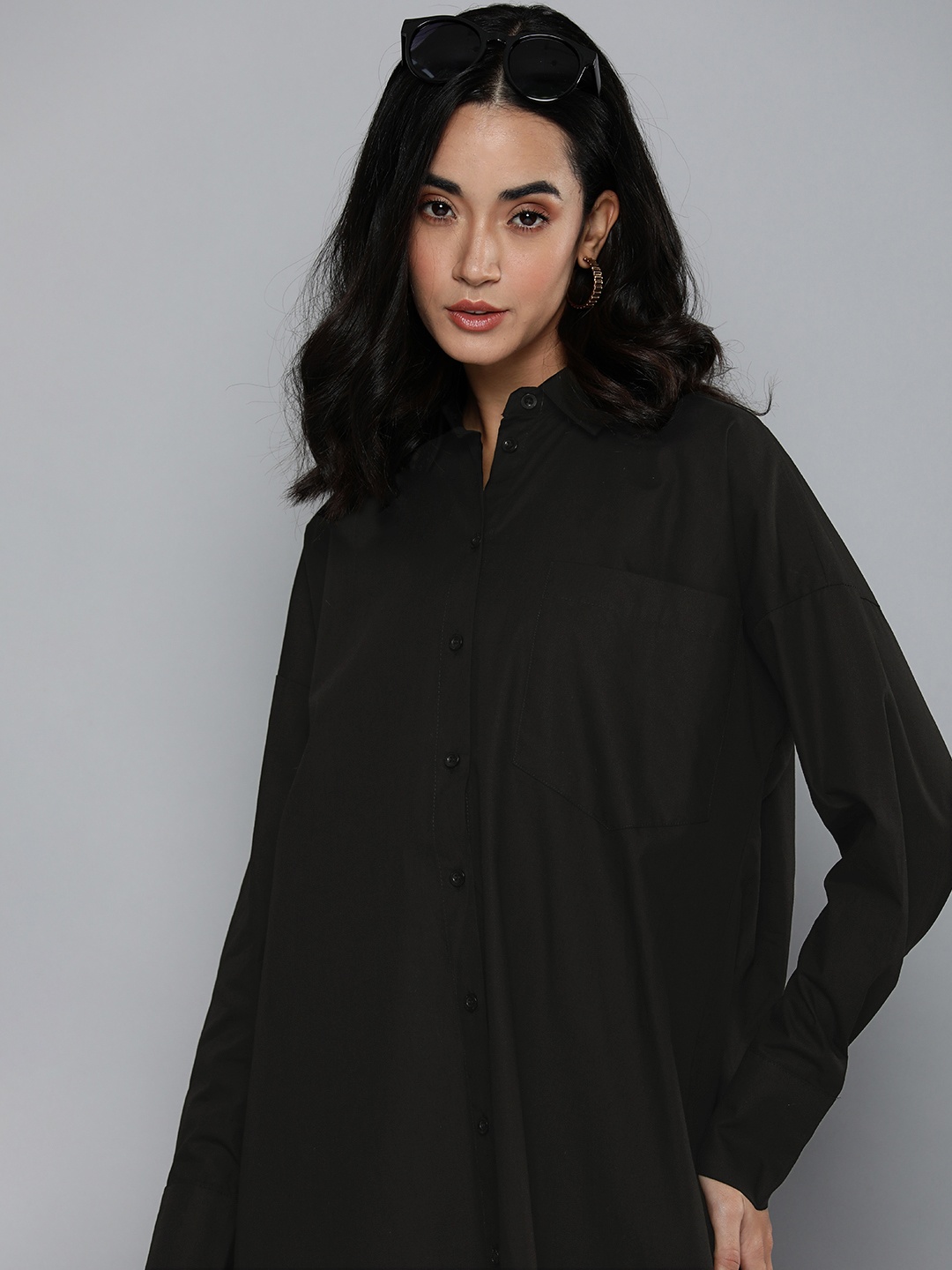 

Miss Poem Women Black Solid Pure Cotton Shirt Dress