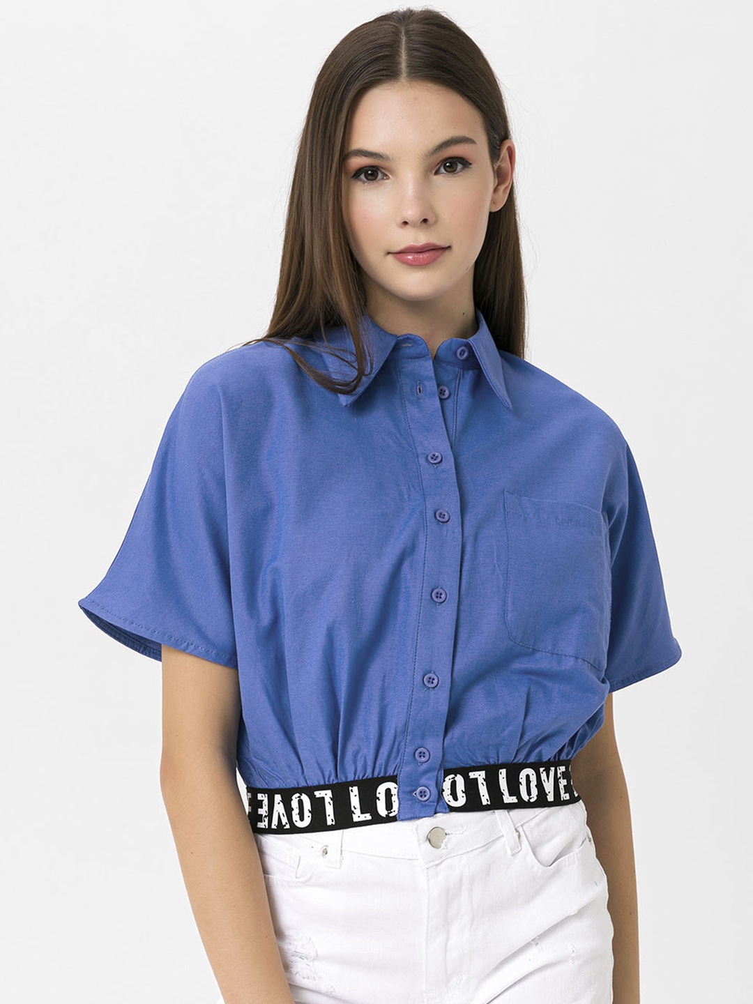 

Miss Poem Women Blue Solid Casual Shirt