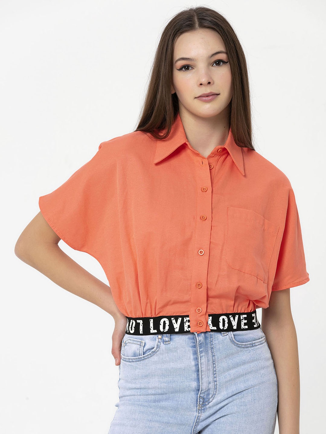 

Miss Poem Women Peach-Coloured Solid Casual Shirt