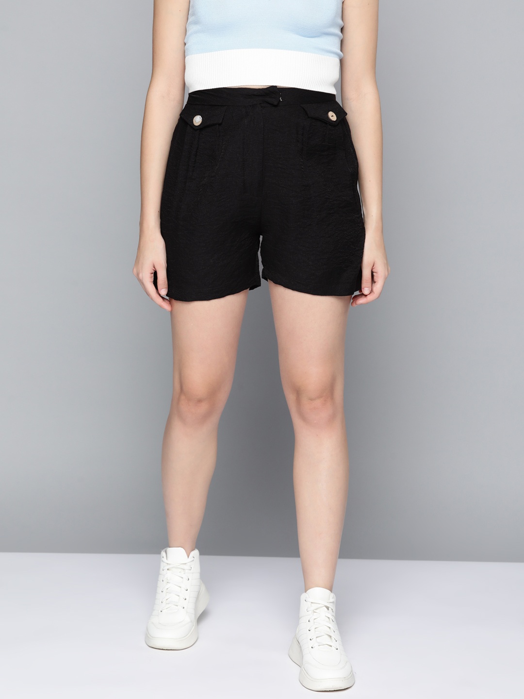

Miss Poem Women Black Solid Textured Button Detail Shorts