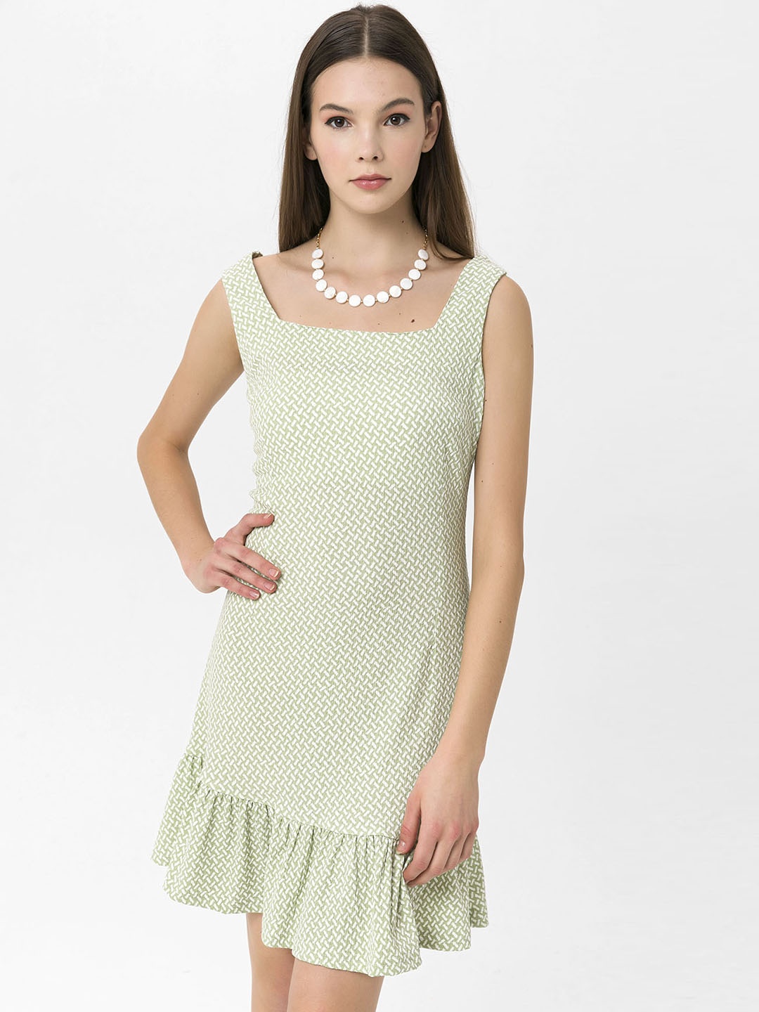 

Miss Poem Women Green & White Printed A-Line Dress