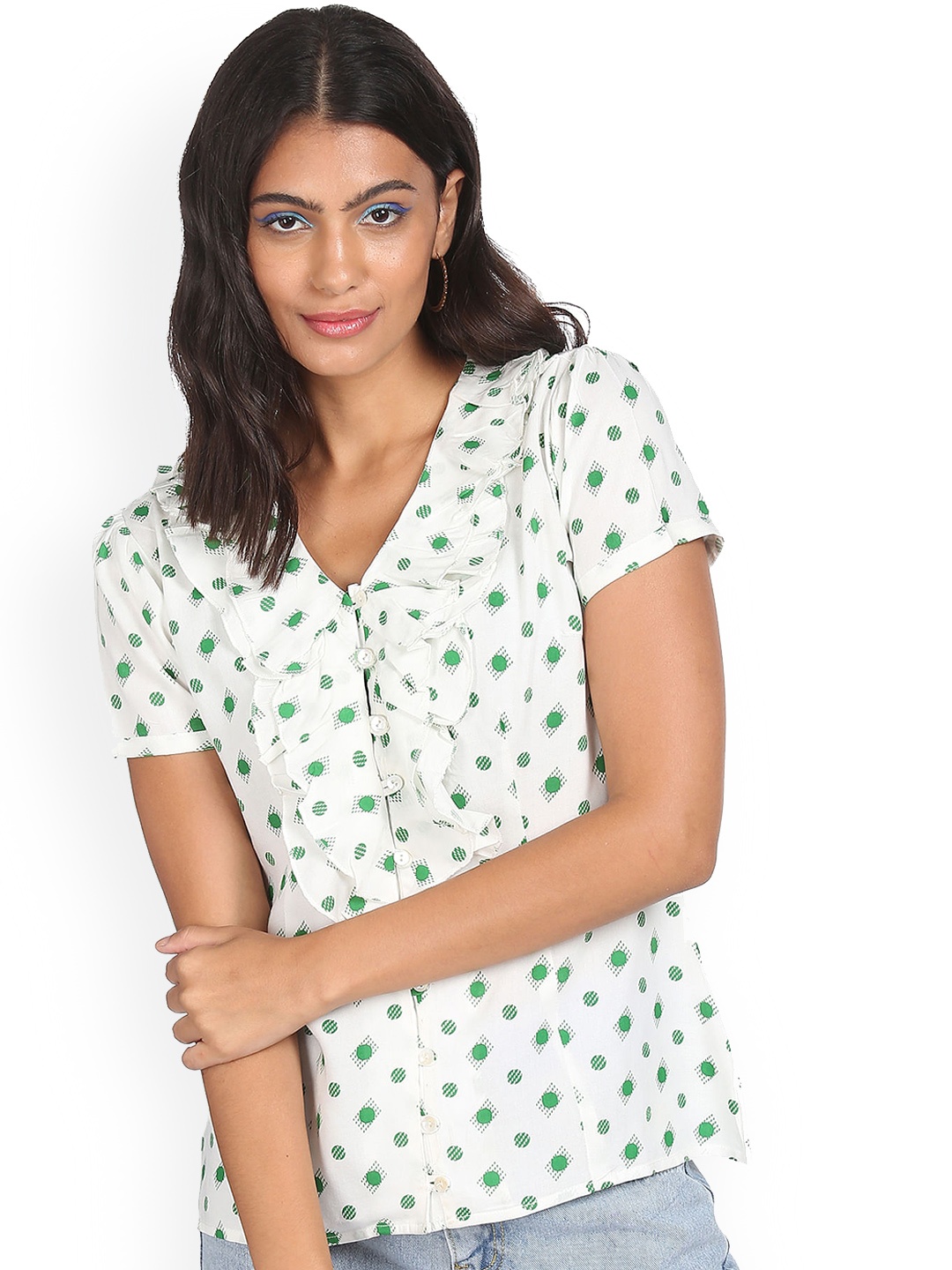 

Sugr White V-Neck Printed Top
