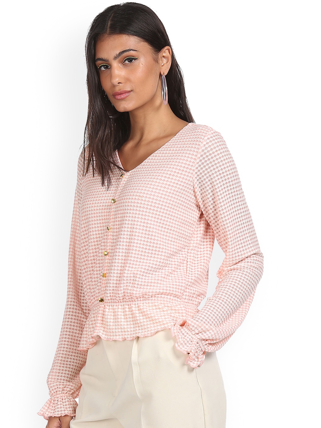 

Sugr Pink V-Neck Self Design Shirt Style Top