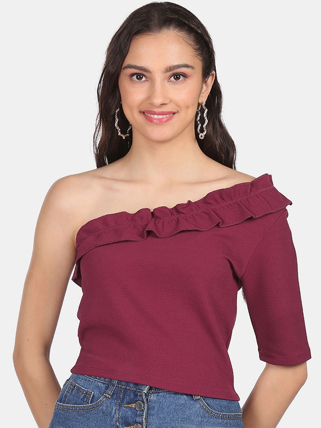 

Sugr Burgundy One Shoulder Ruffles Top