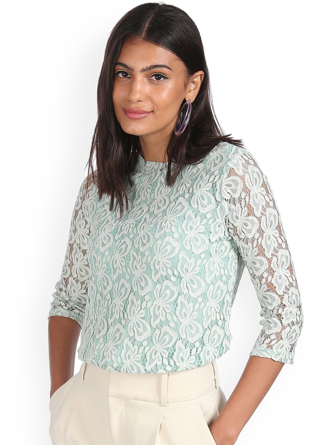 

Sugr Women Mint Green Mock Neck Lace Top