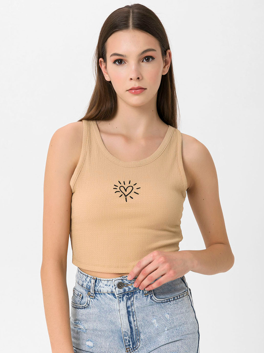 

Miss Poem Beige Embroidered Crop Top